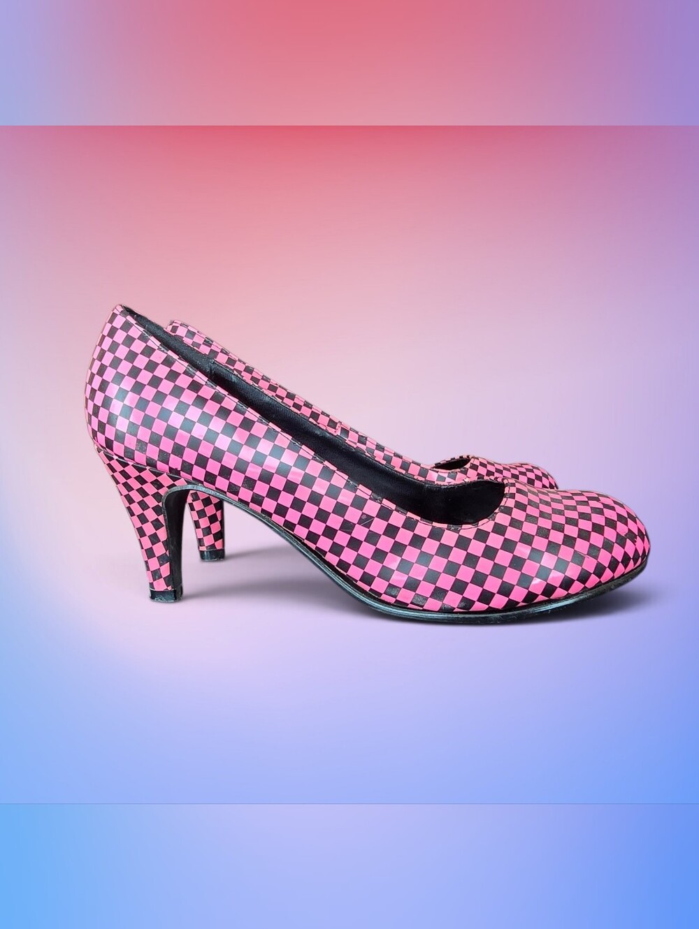 T.U.K. Checkered Hot Pink and Black Mid Heel Pumps - Women's Stylish Dress Shoes
